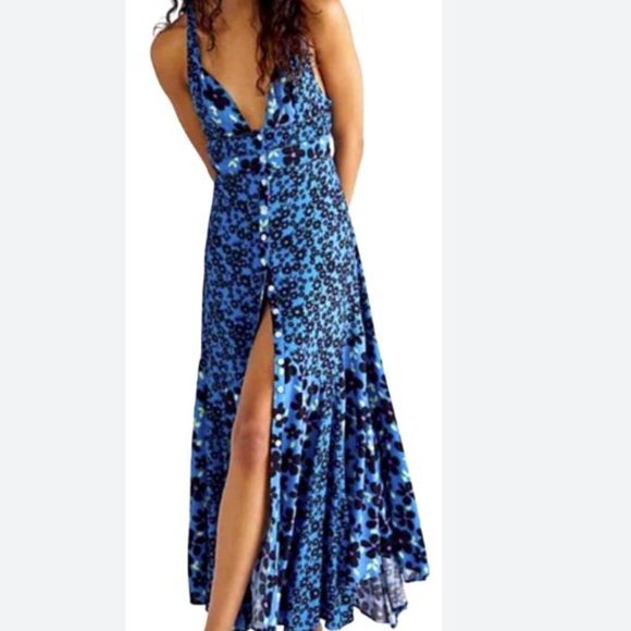 Free People Dresses & Skirts - Free People Dewberry Floral Maxi Dress Cobalt Blue Black Large NWOT